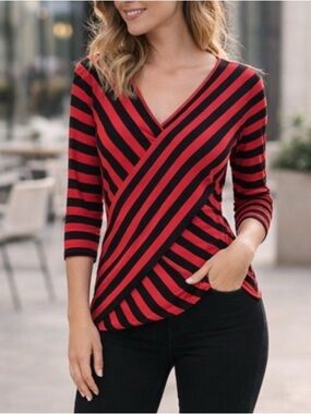 Vince Camuto Red & Black Striped Wrap Style Top | 3/4 Sleeve Size M